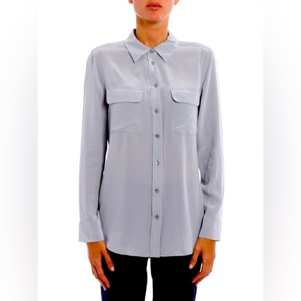 ** Jaeger Slate Grey Blue 100% Silk Shirt Size XS